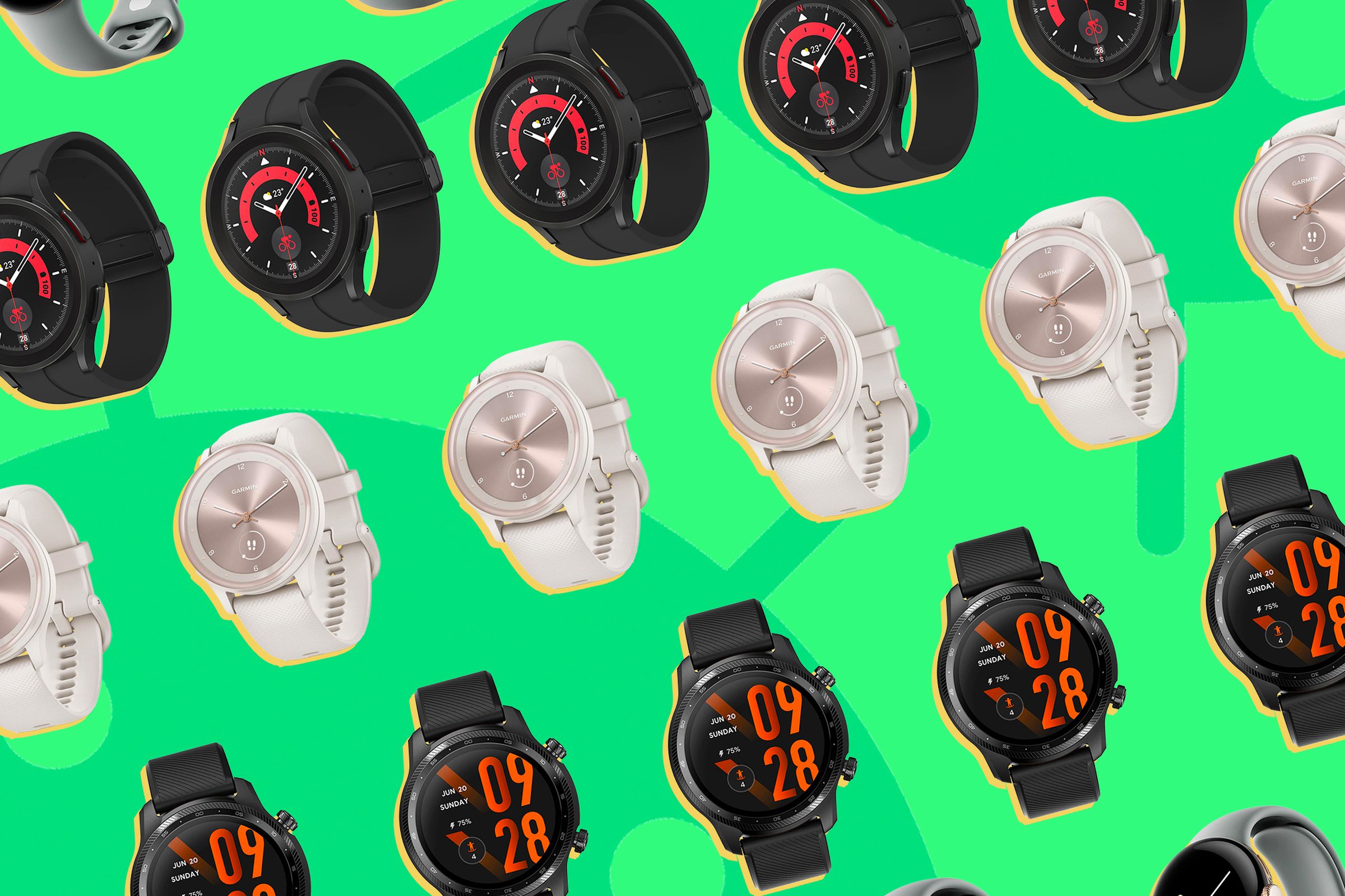 Renders of various Android-compatible smartwatches on a green background