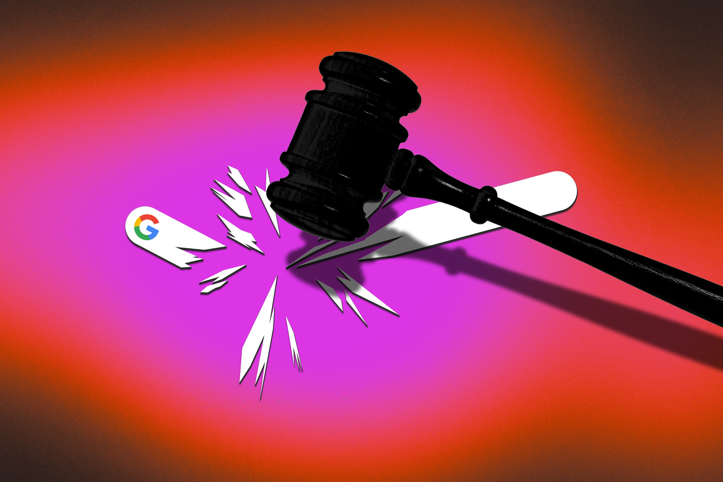 The Google search bar getting smashed by a gavel