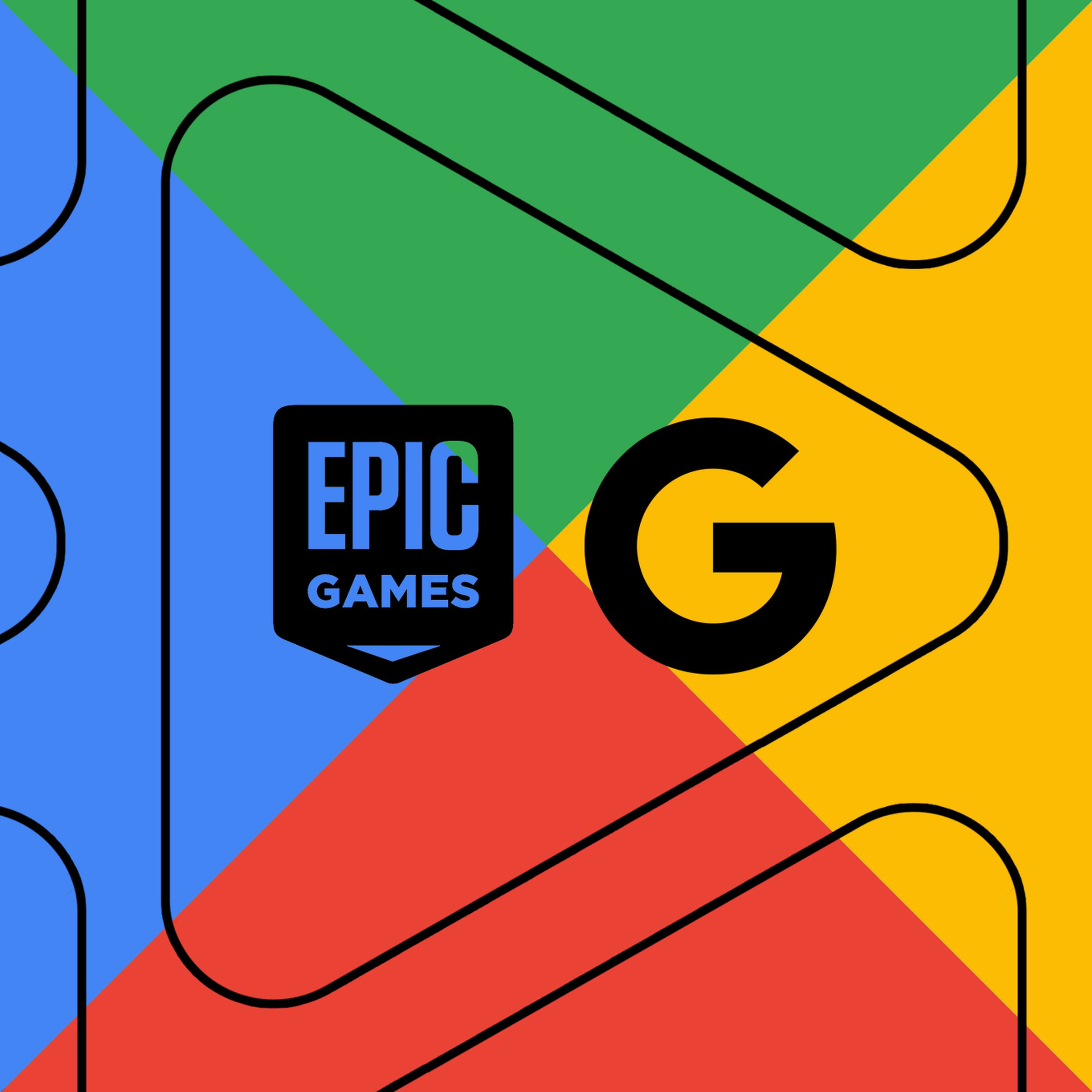 Illustration of the Epic Games logo and Google logo inside of a Google Play logo.