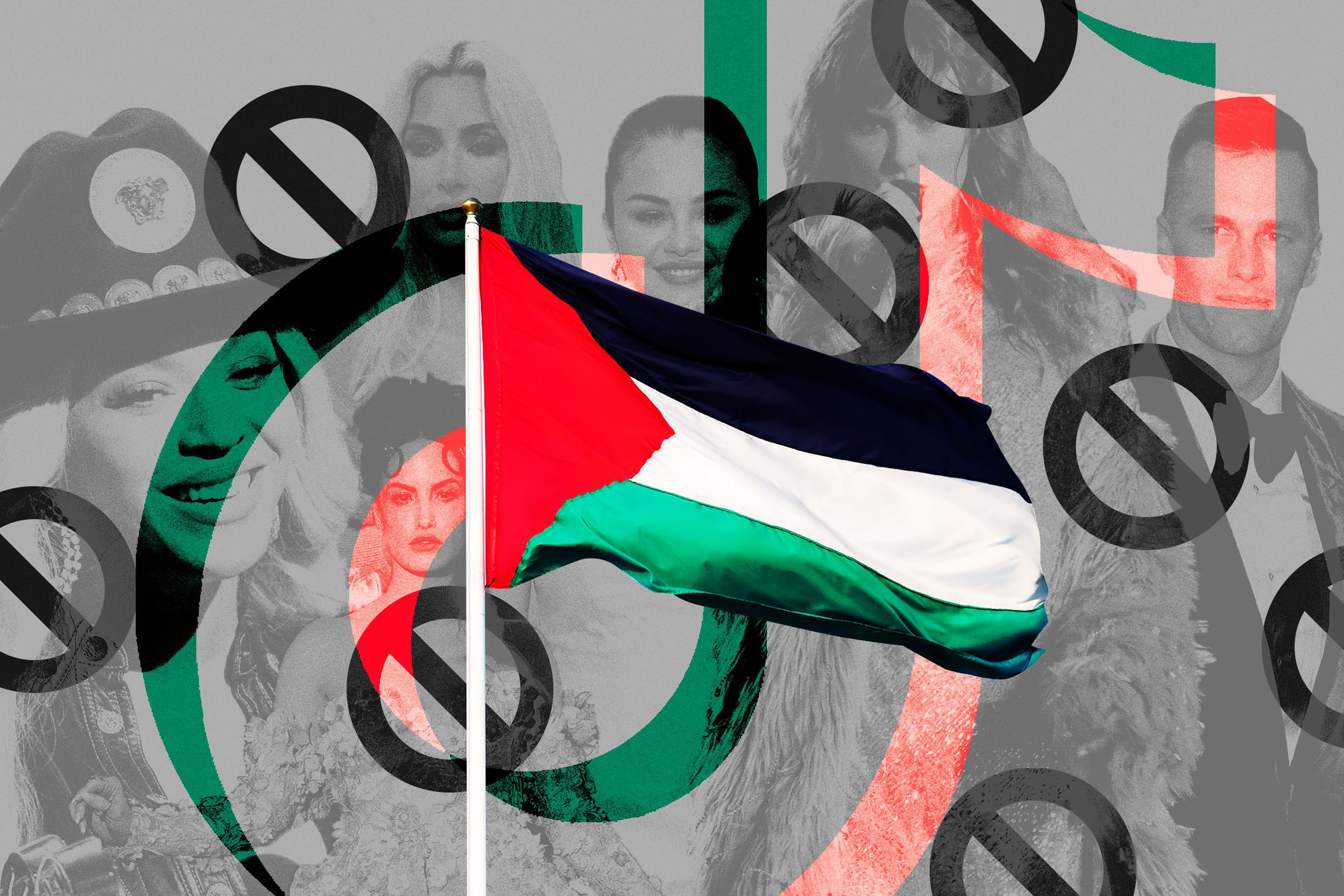 Photo collage of a Palestinian flag in front of a background of celebrity faces and block symbols.