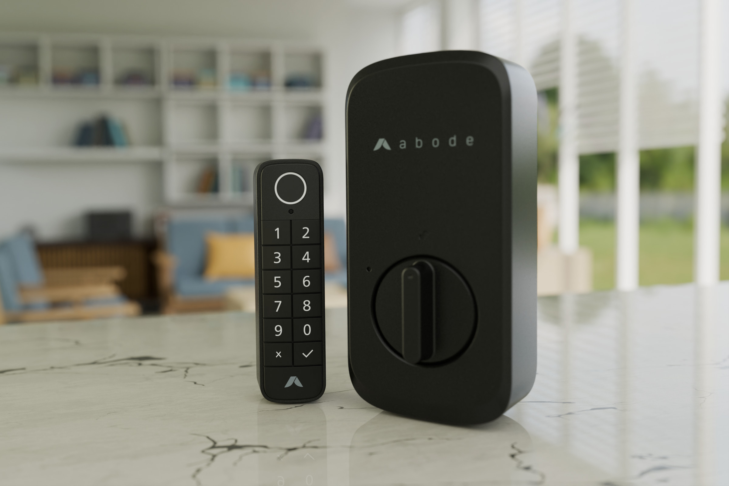 A door lock and keypad on a kitchen counter.