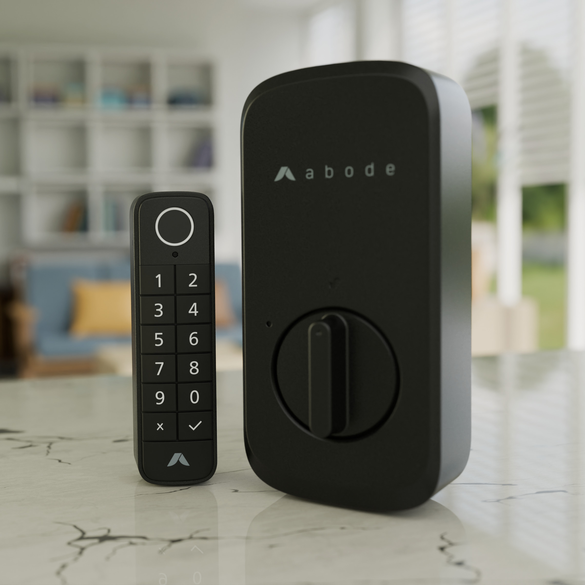 A door lock and keypad on a kitchen counter.