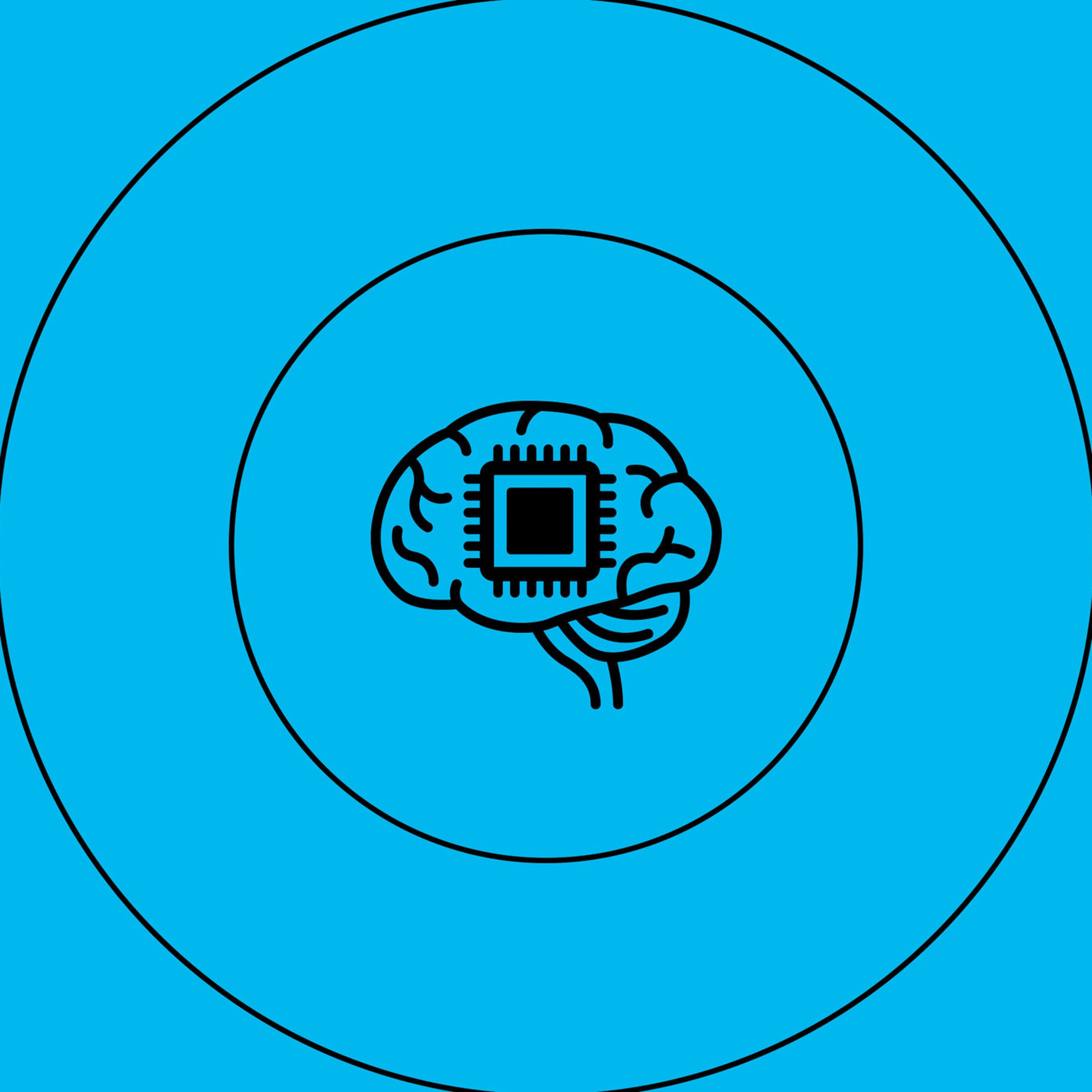 An illustration of a cartoon brain with a computer chip imposed on top.