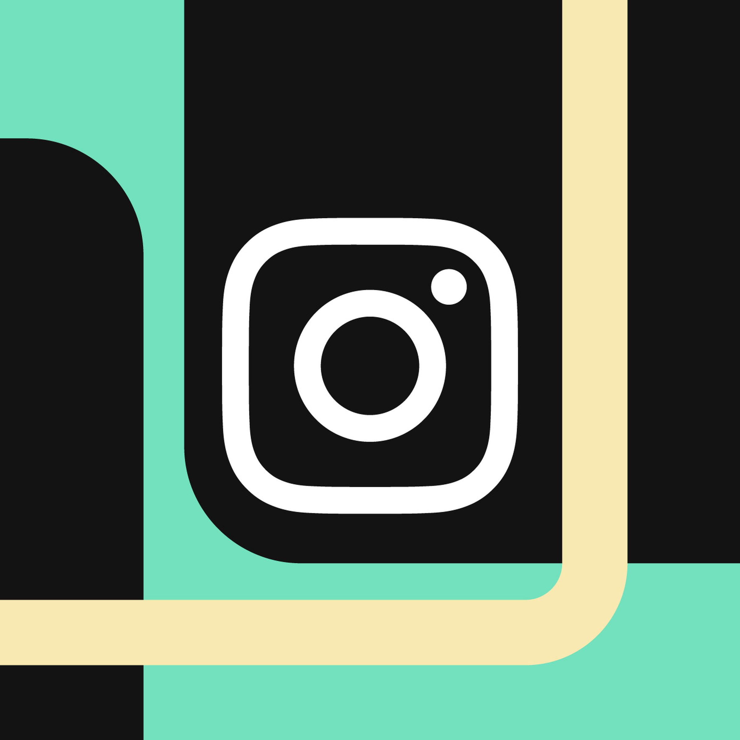 Instagram logo over green, black, and cream background