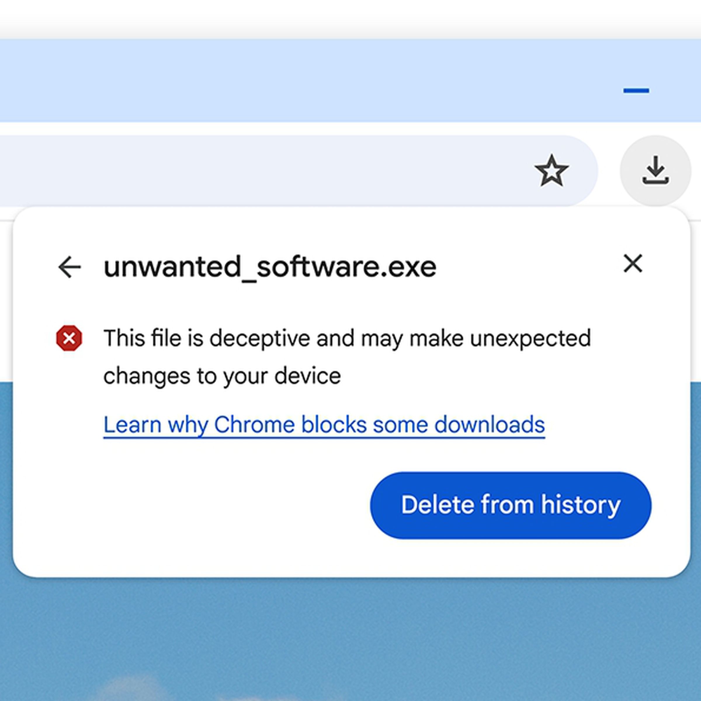 Chrome downlload warning for a blocked file saying “This file is deceptive and may make unexpected changes to your device.”