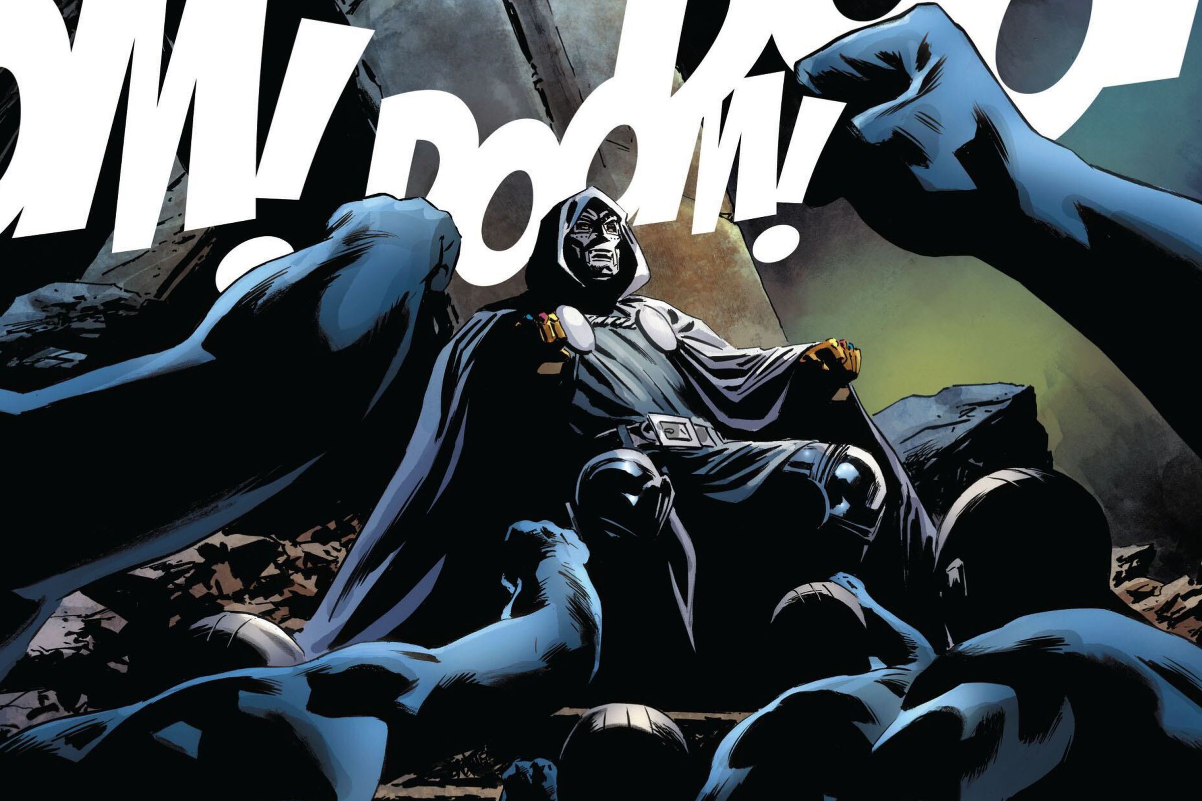 Doctor Doom sitting on a throne surrounding by cheering subjects.