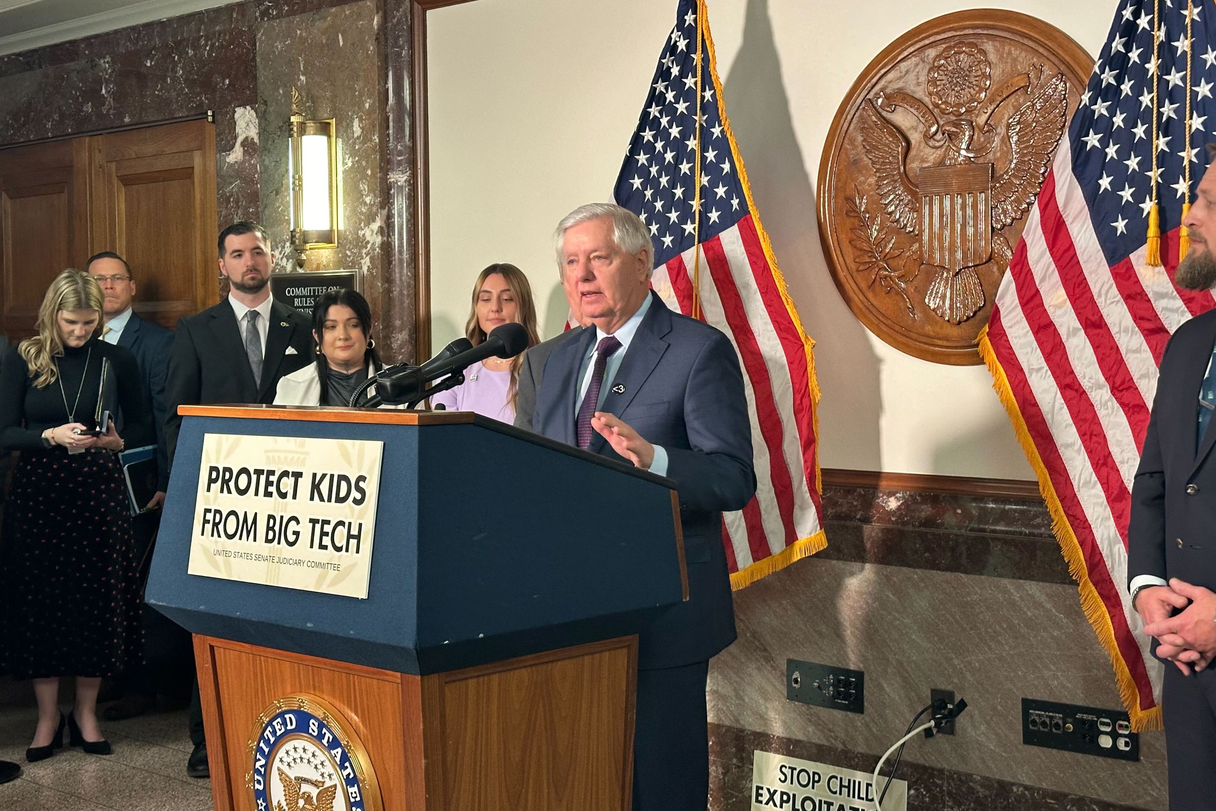 Sen. Lindsey Graham (R-SC) speaks at a press conference following the Senate Judiciary Committee hearing with five tech CEOs.