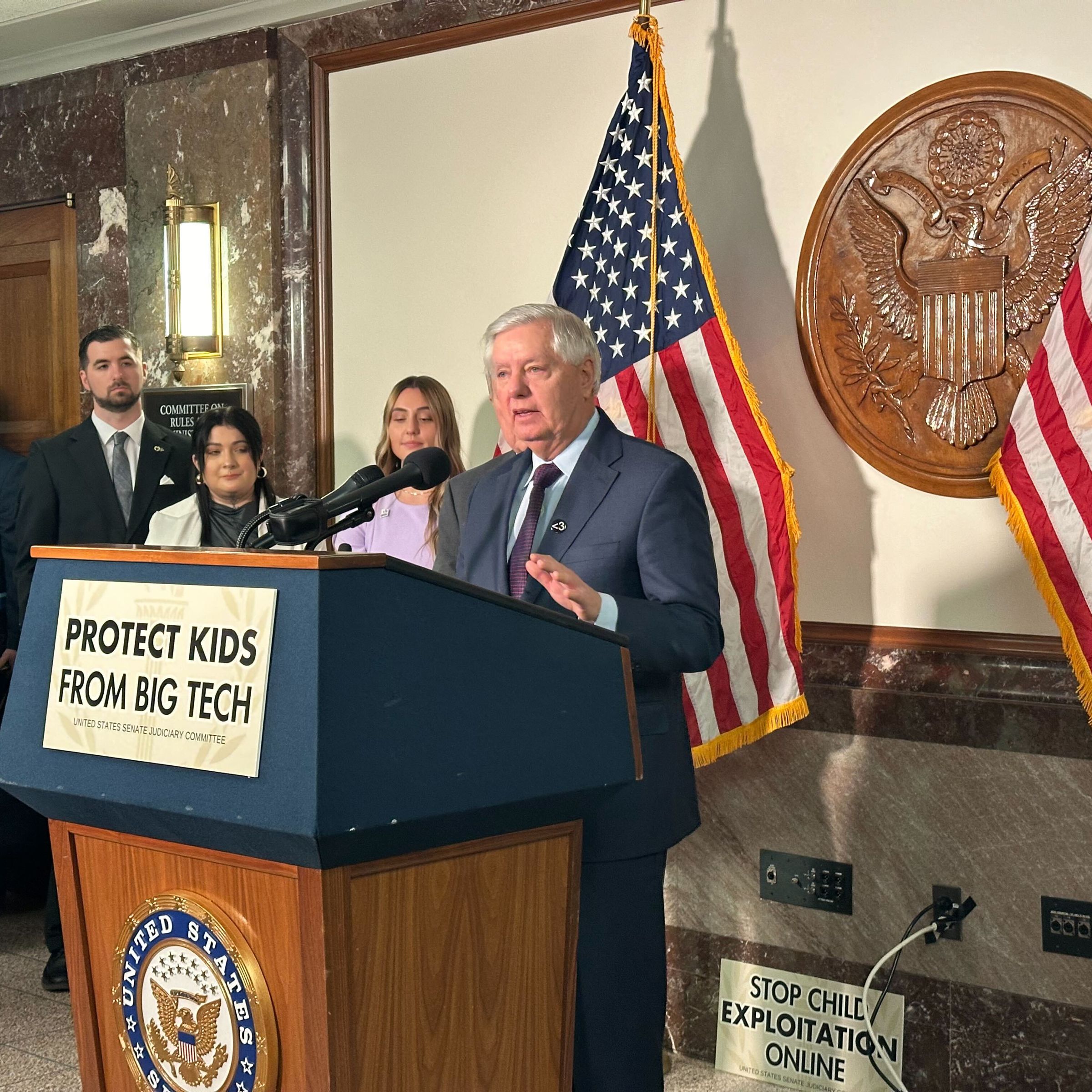 Sen. Lindsey Graham (R-SC) speaks at a press conference following the Senate Judiciary Committee hearing with five tech CEOs.