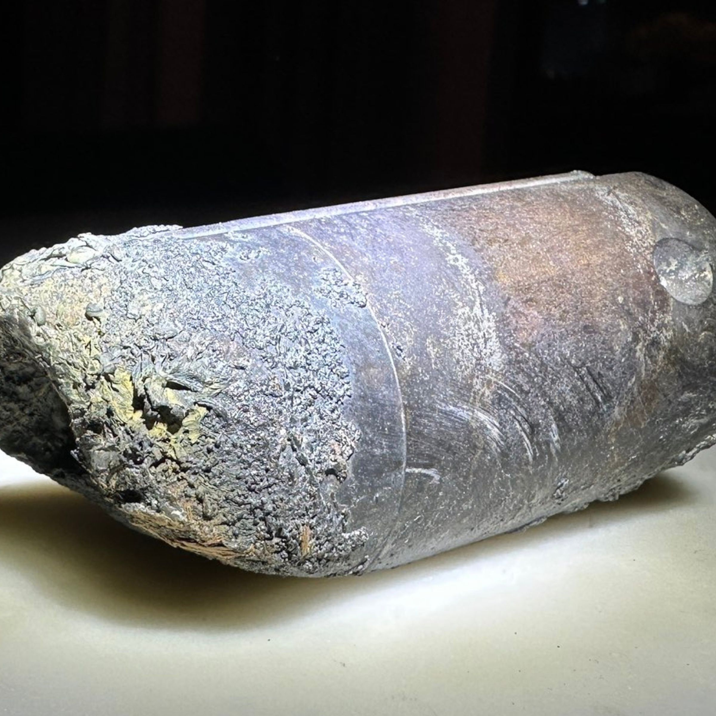 A photograph of the recovered stanchion from the NASA flight support equipment used to mount International Space Station batteries on a cargo pallet.