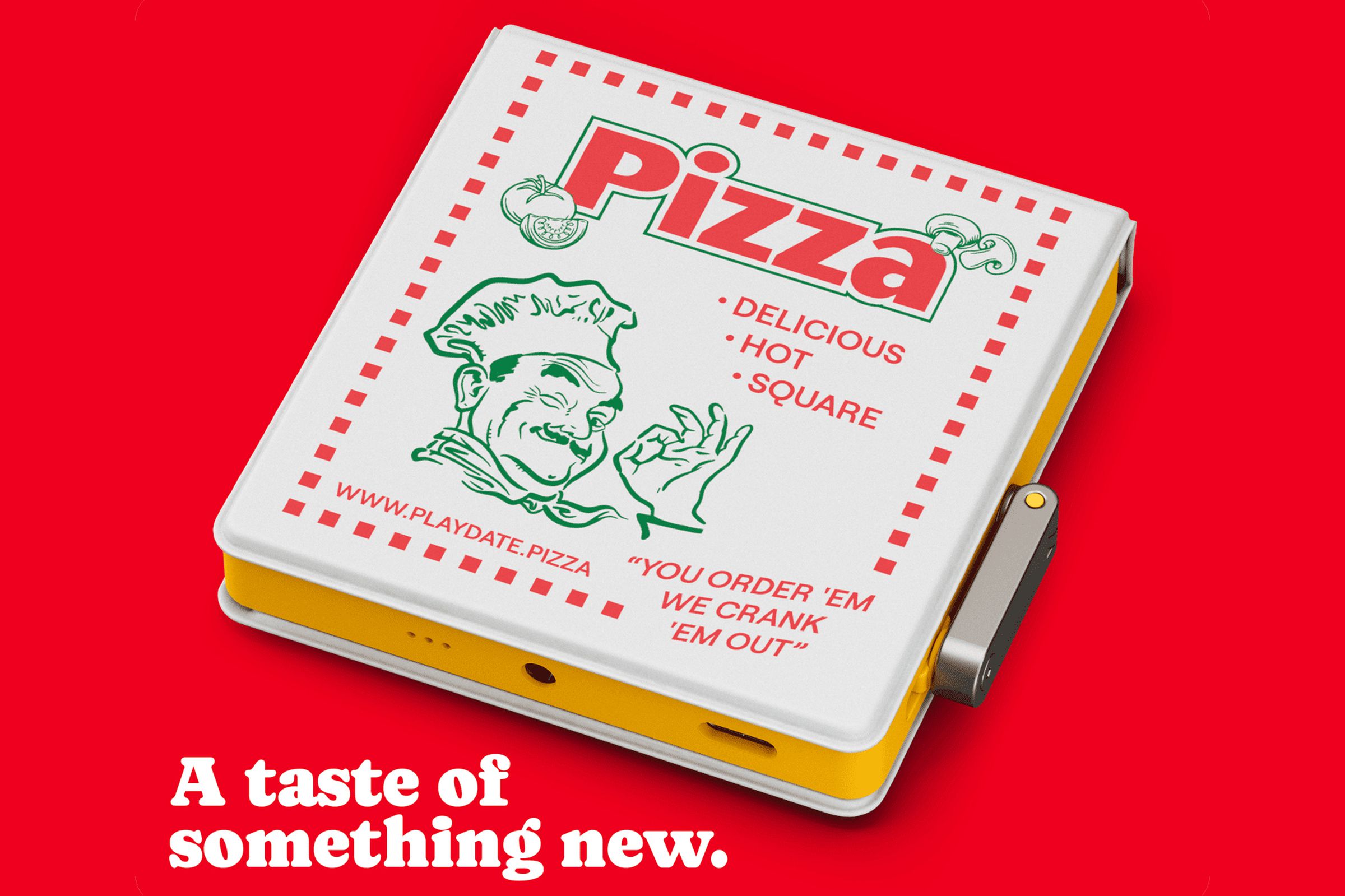 The Playdate handheld inside its new pizza box themed cover.