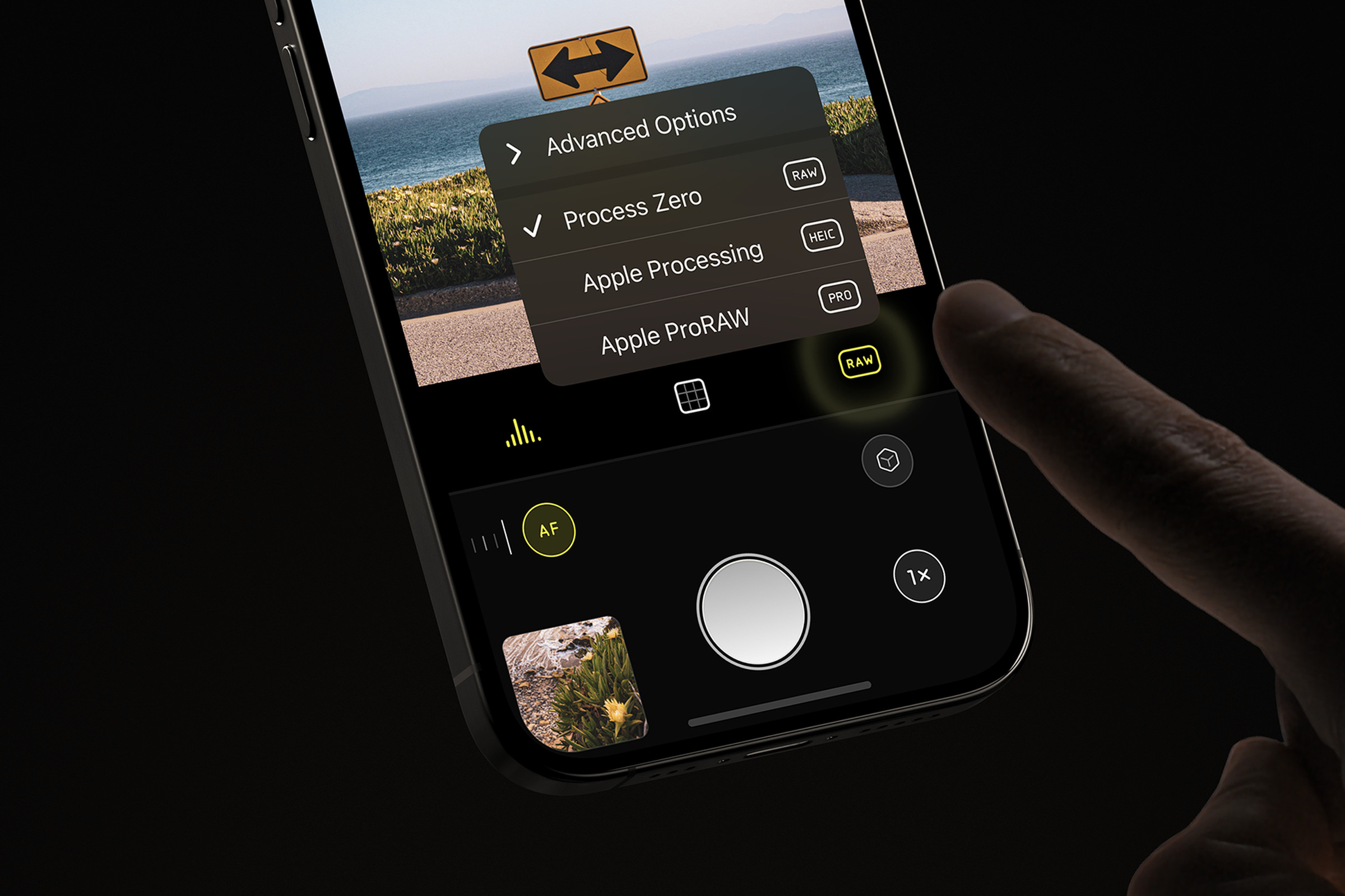 An image of the Halide app, with a menu open to the image processor.