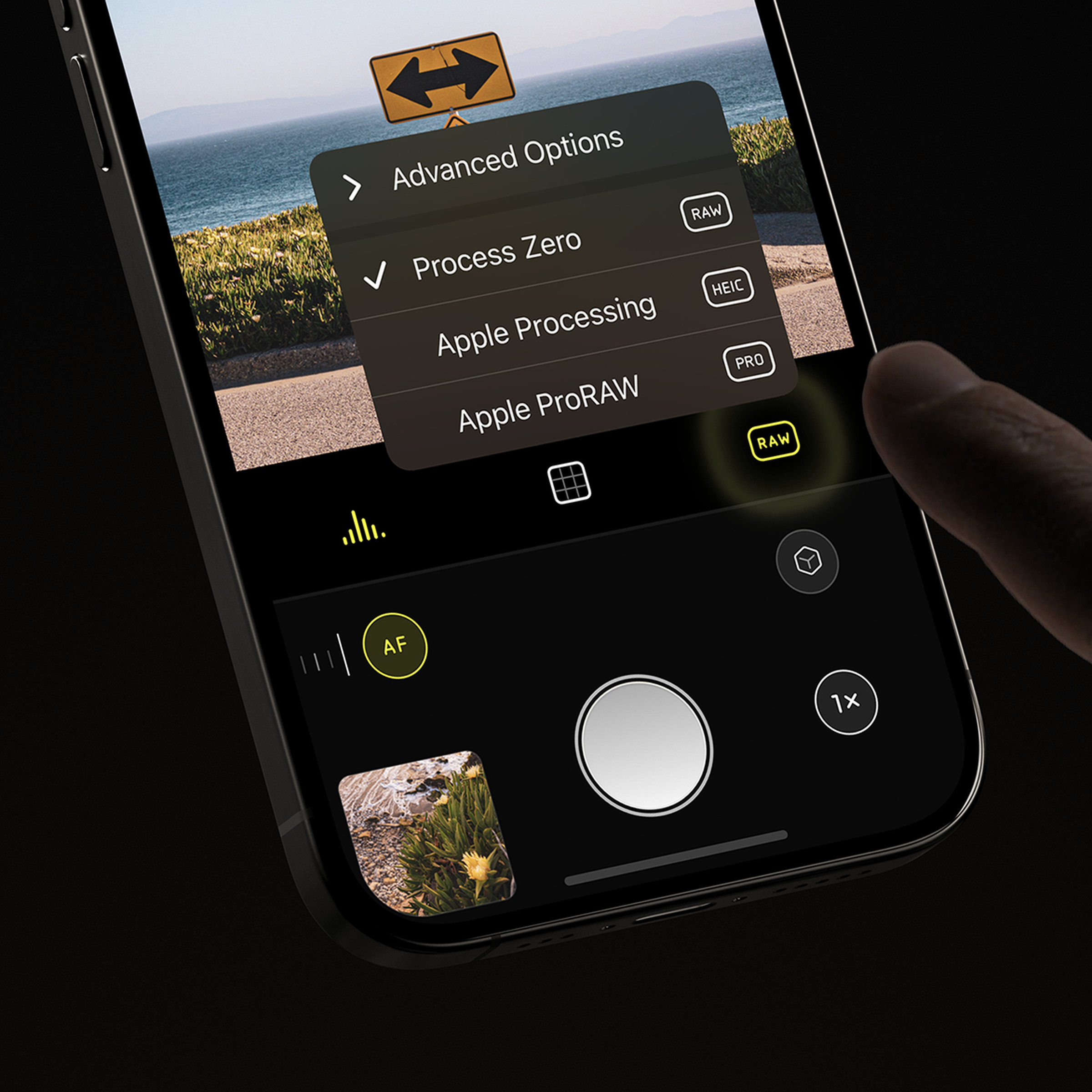 An image of the Halide app, with a menu open to the image processor.