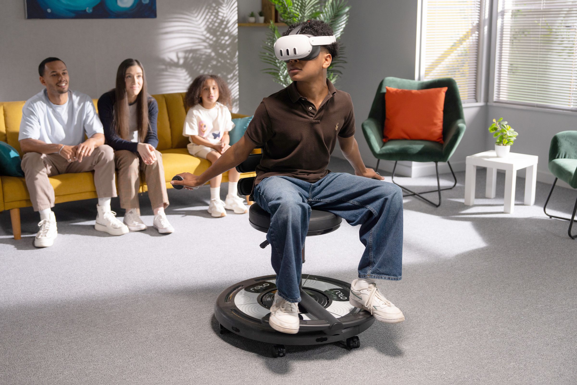 The Roto VR Explorer being used by a gamer wearing a Meta Quest VR unit.