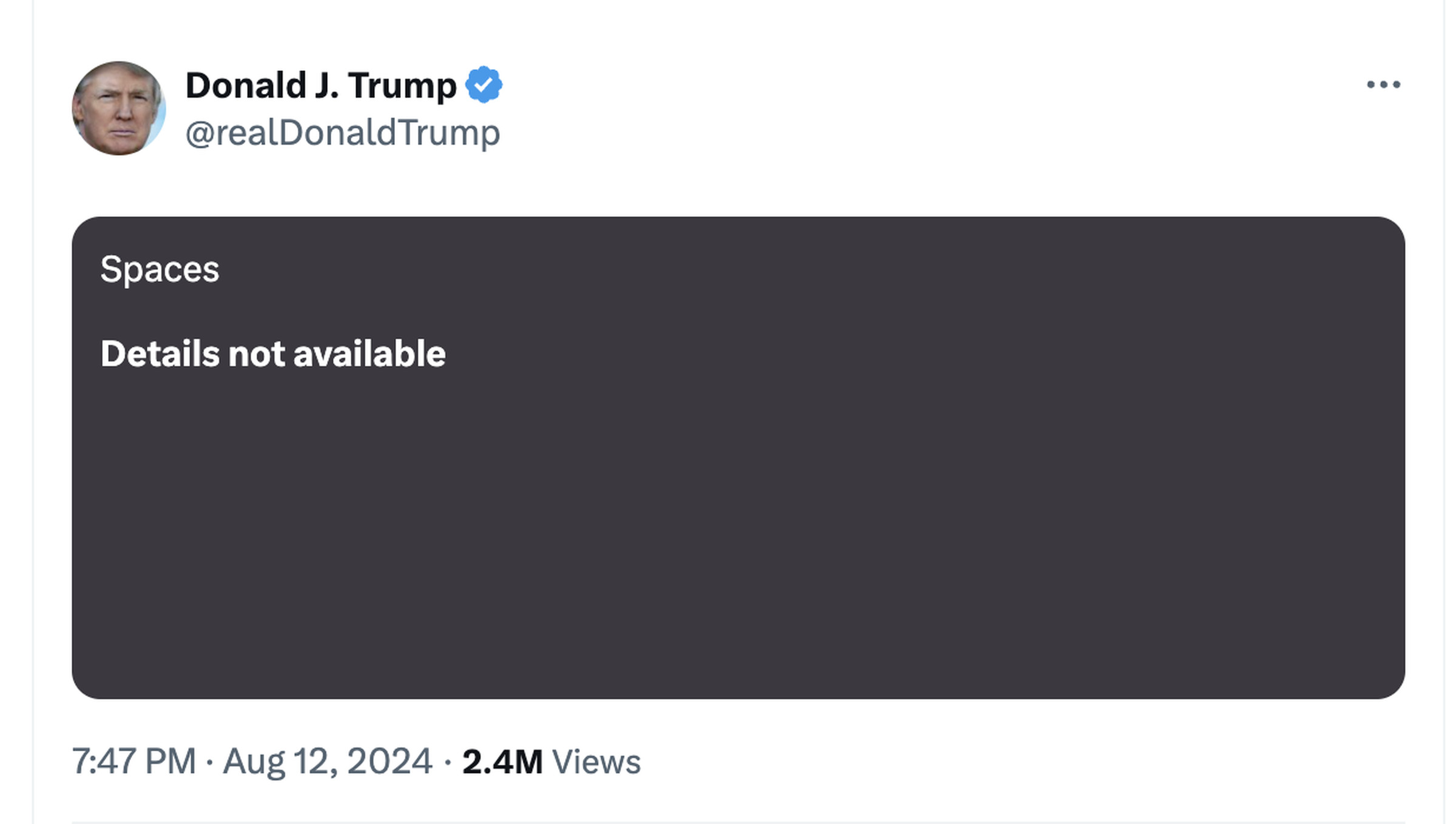 A screenshot of X showing the Donald Trump account with a broken Space.