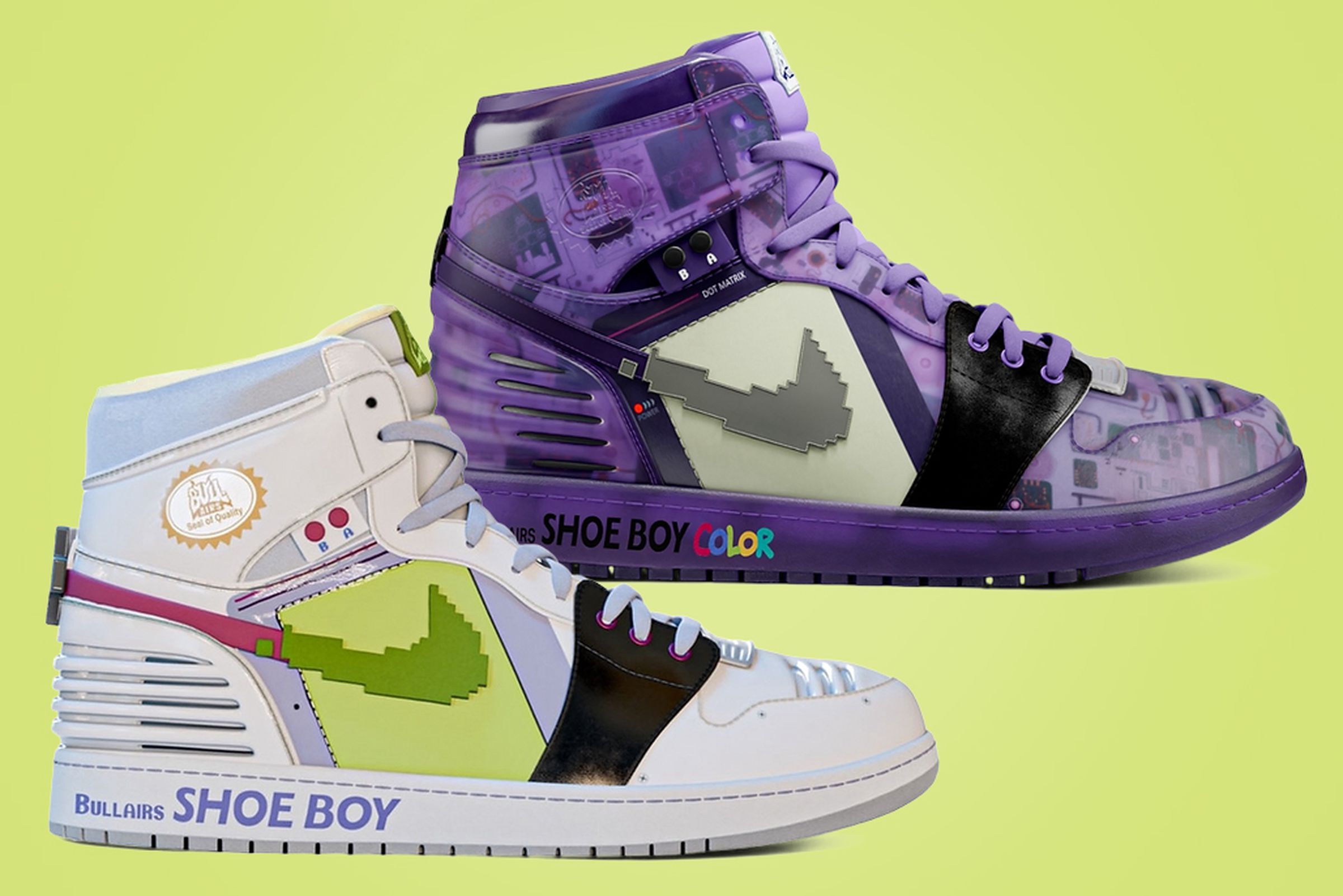 The Bull Airs custom ShoeBoy and ShoeBoy Atomic Purple sneakers against a light green background.