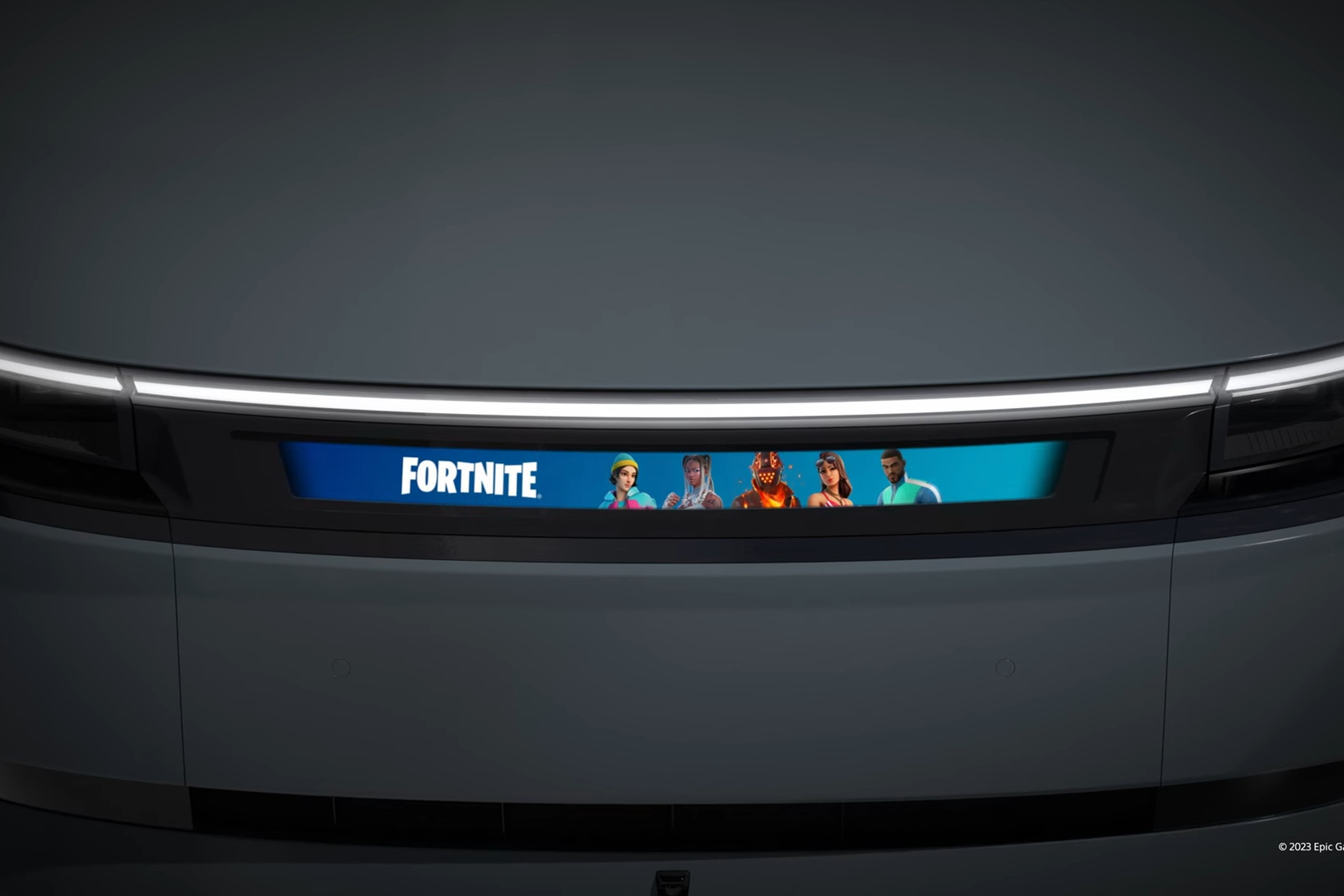 An image of a Fortnite banner on Sony’s Afeela car, from a video.