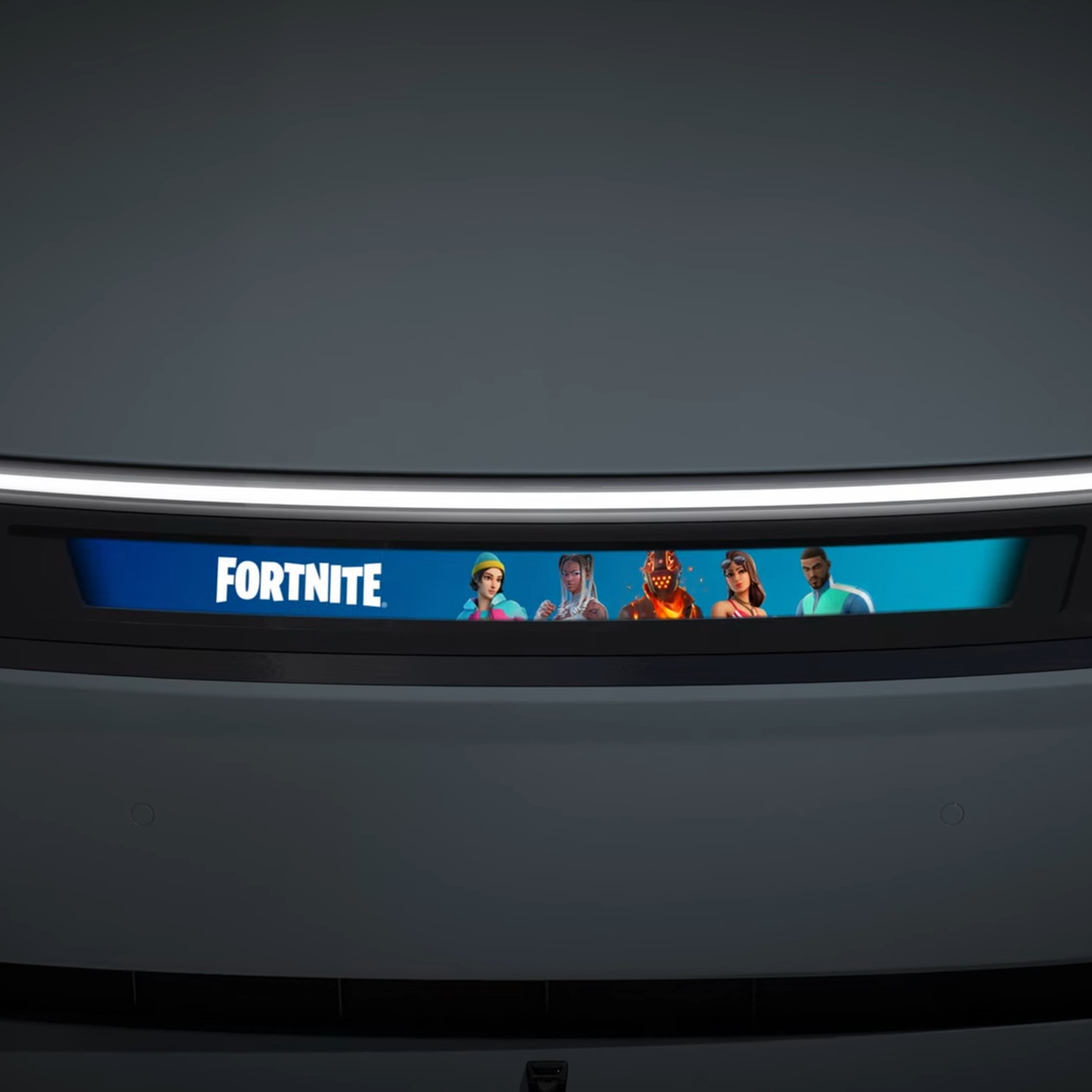 An image of a Fortnite banner on Sony’s Afeela car, from a video.