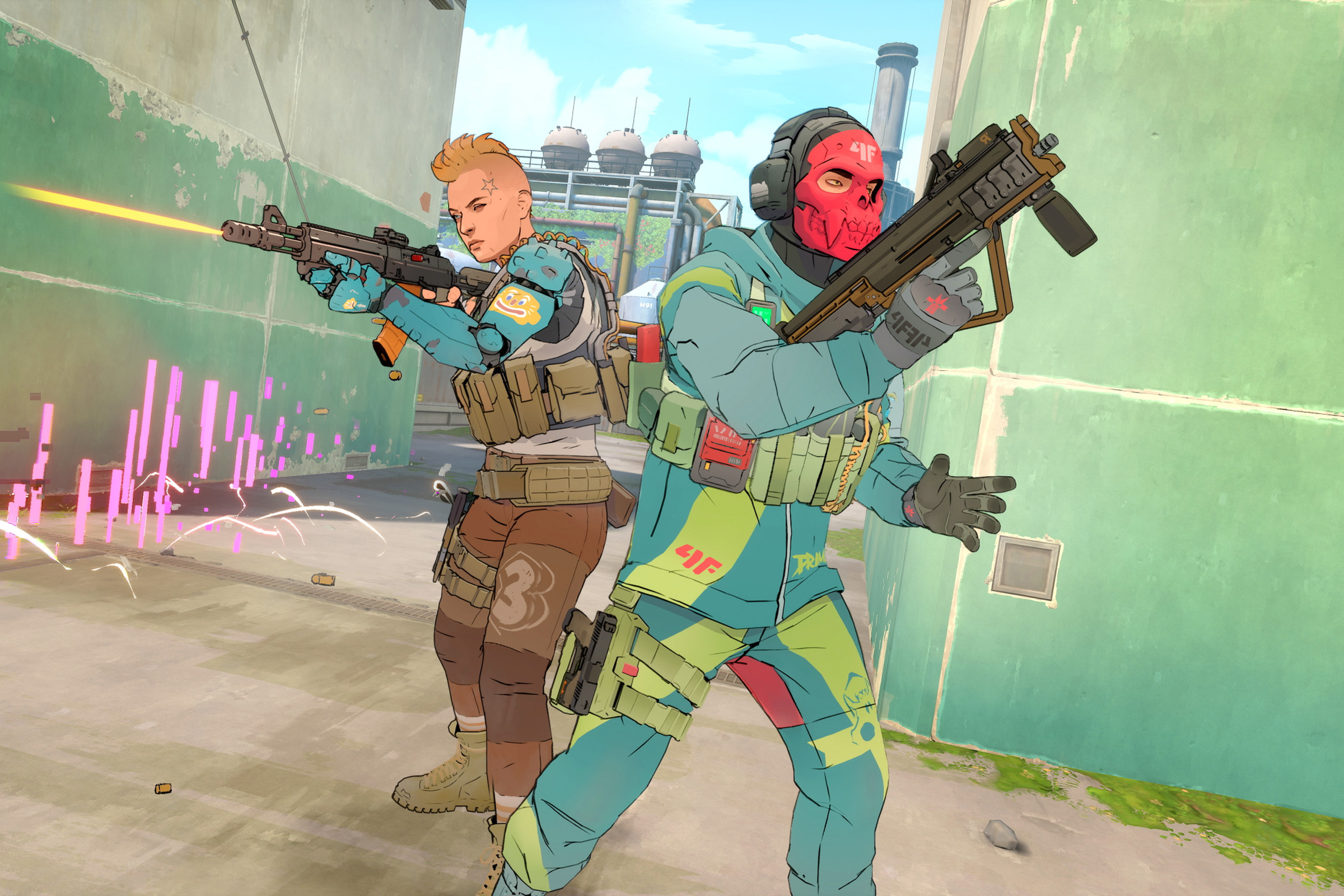 Two cel-shaded punk commandos in bright green and red, one with a mohawk, one with a skeleton mask, hold their weapons in this promo shot for the game.