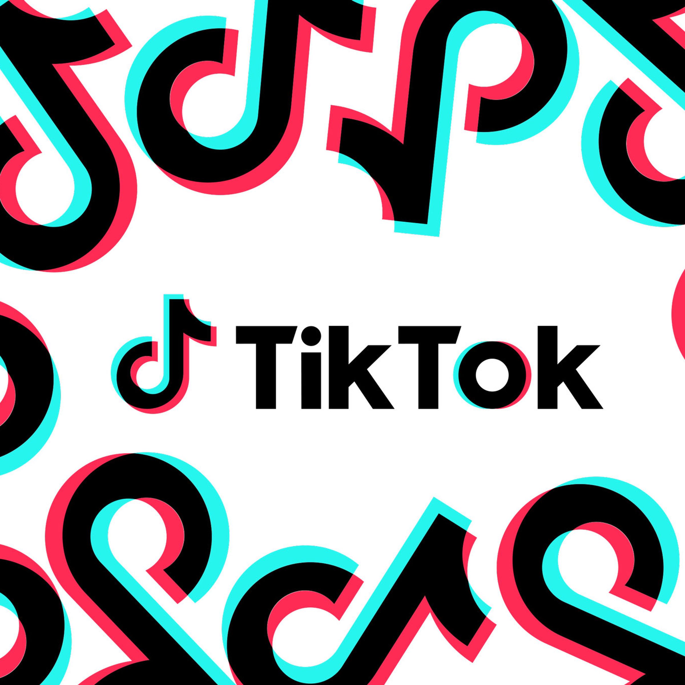 TikTok logo over a white background with the app icon repeating