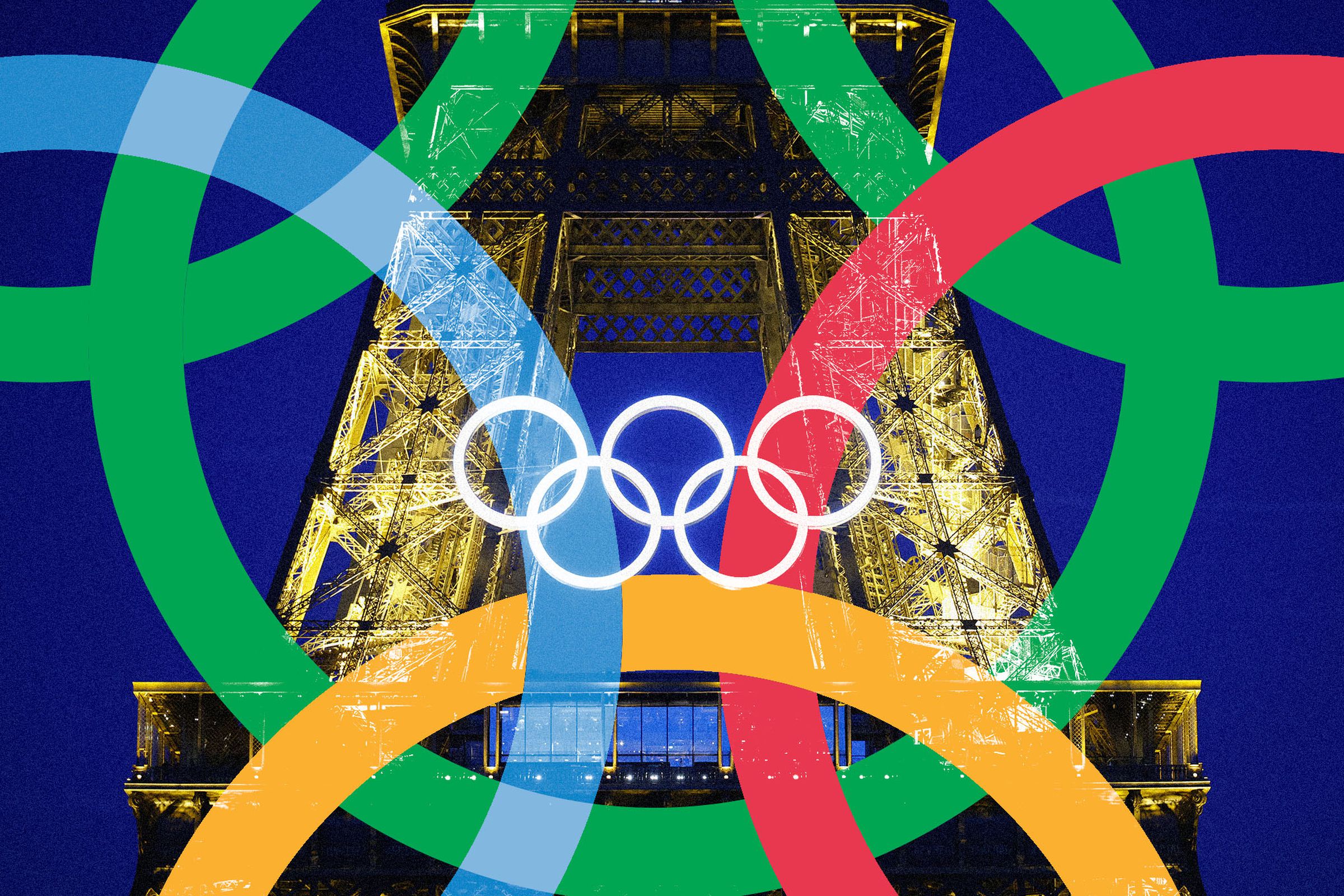 Photo collage of the Olympic rings over a photo of the Olympic rings illuminated on the Eiffel Tower.