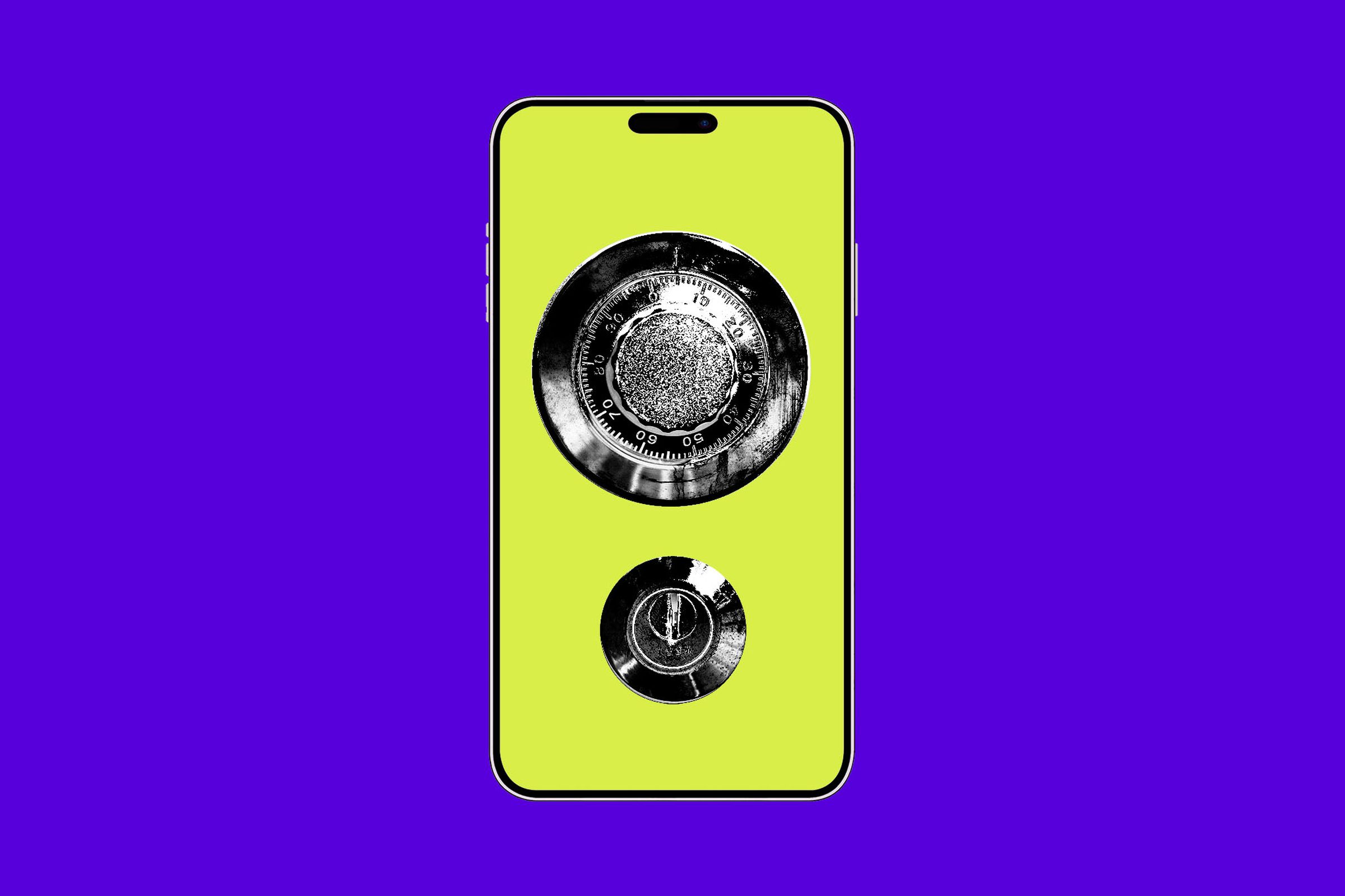 Photo collage of a phone with a combination lock and keyhole over the screen.