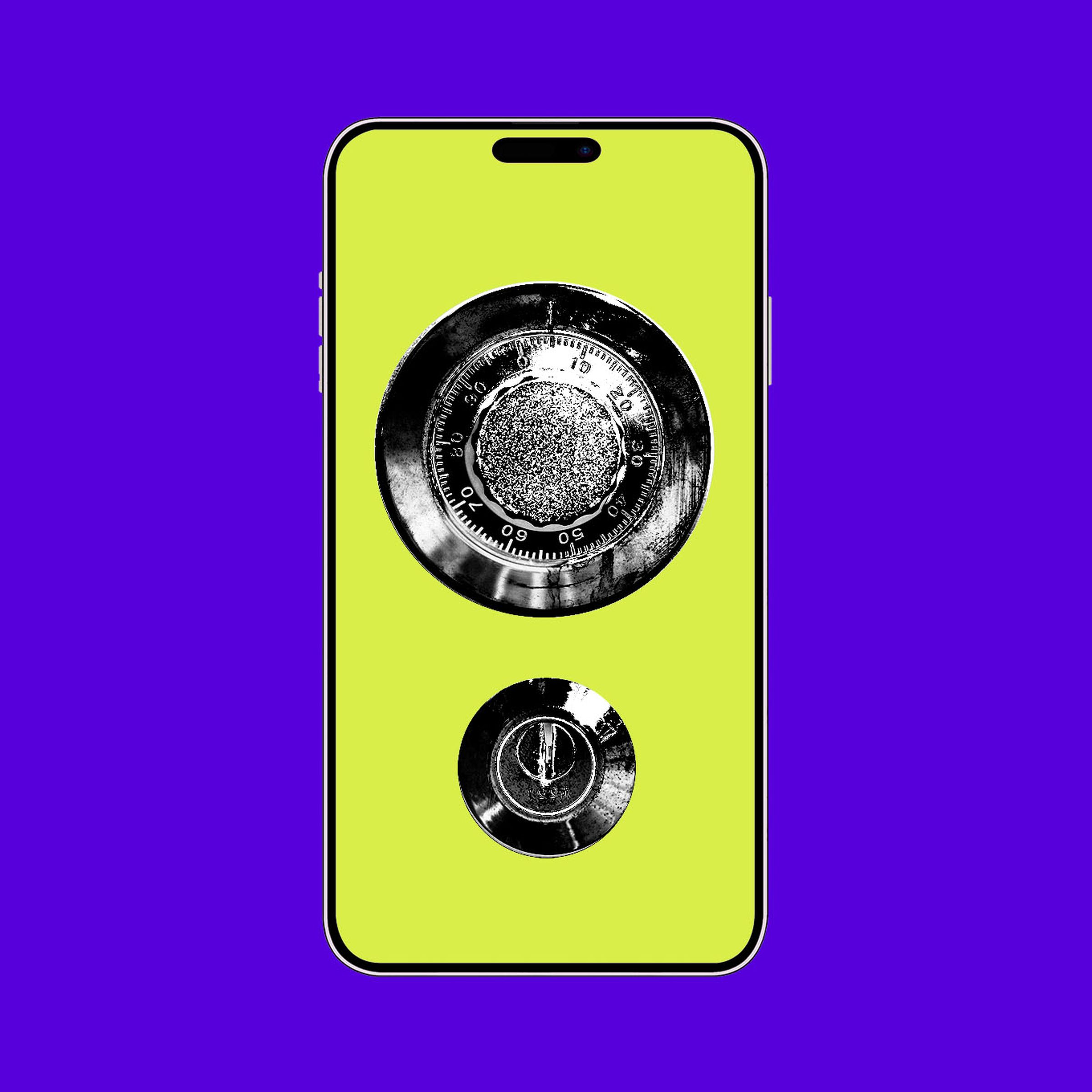 Photo collage of a phone with a combination lock and keyhole over the screen.