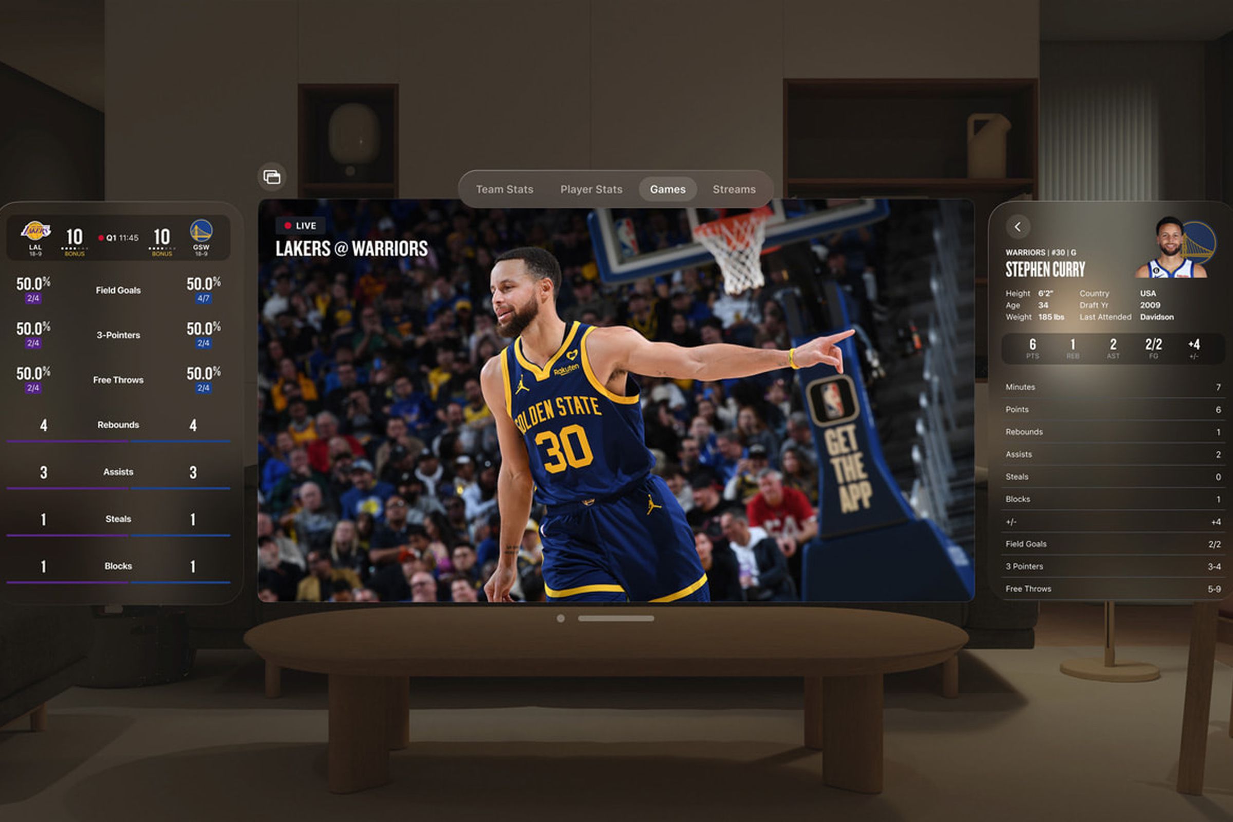 An image showing someone using the NBA app on the Vision Pro