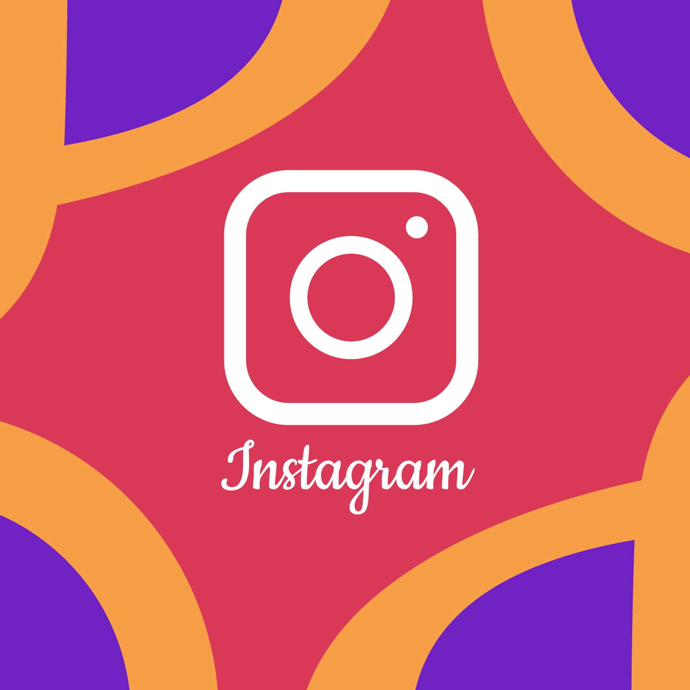 The Instagram icon is featured in the middle of a background filled with pink, orange, and purple shapes.