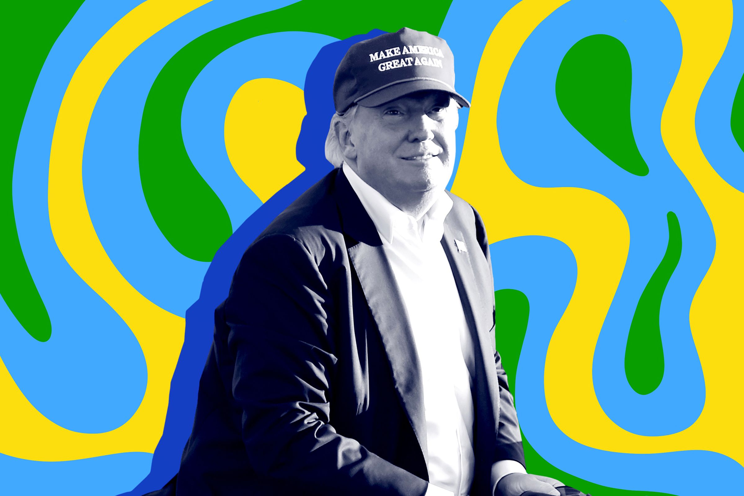 A picture of Donald Trump in black and white, wearing a ball cap and jacket with a colorful blue, yellow, and green background with large swirly lines.