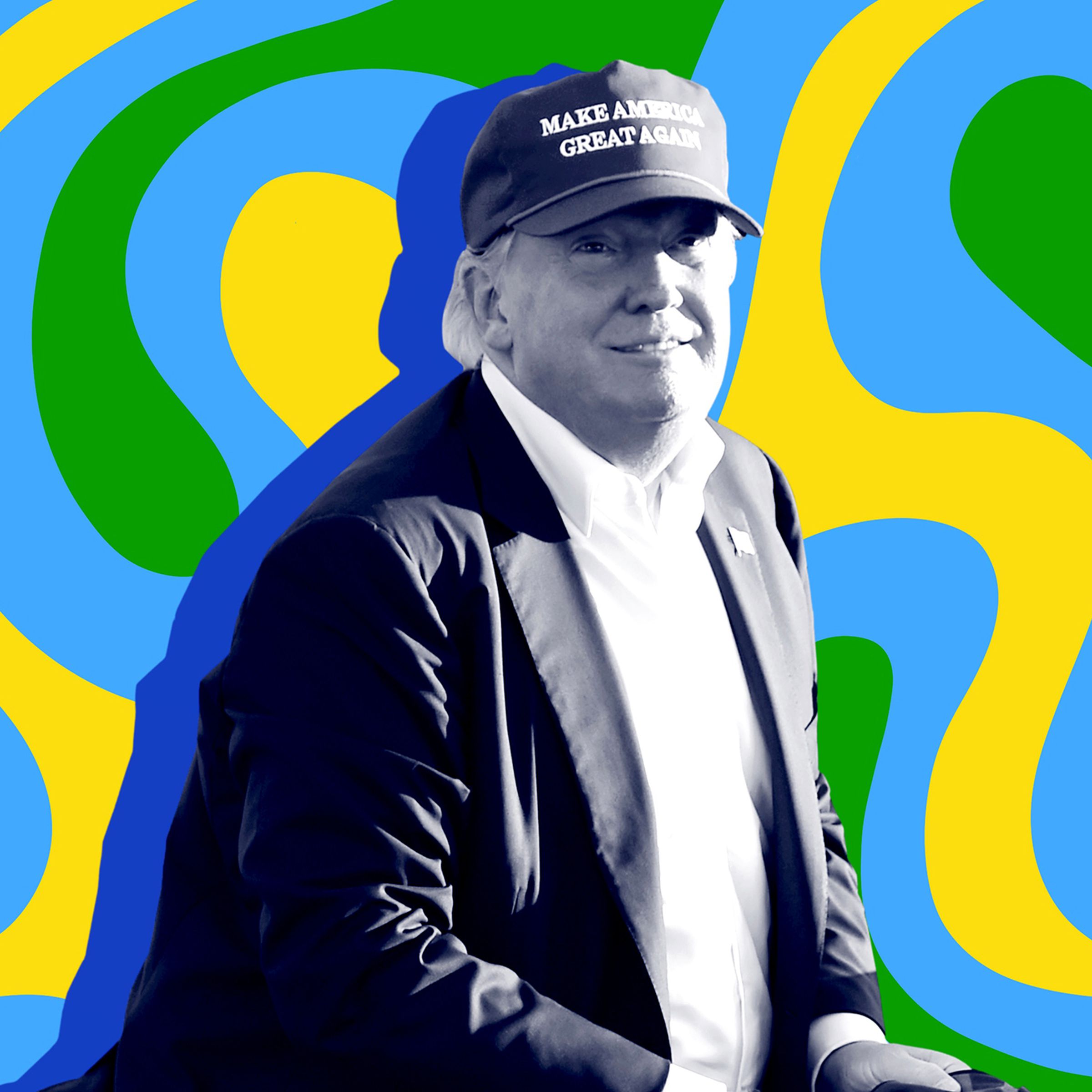 A picture of Donald Trump in black and white, wearing a ball cap and jacket with a colorful blue, yellow, and green background with large swirly lines.