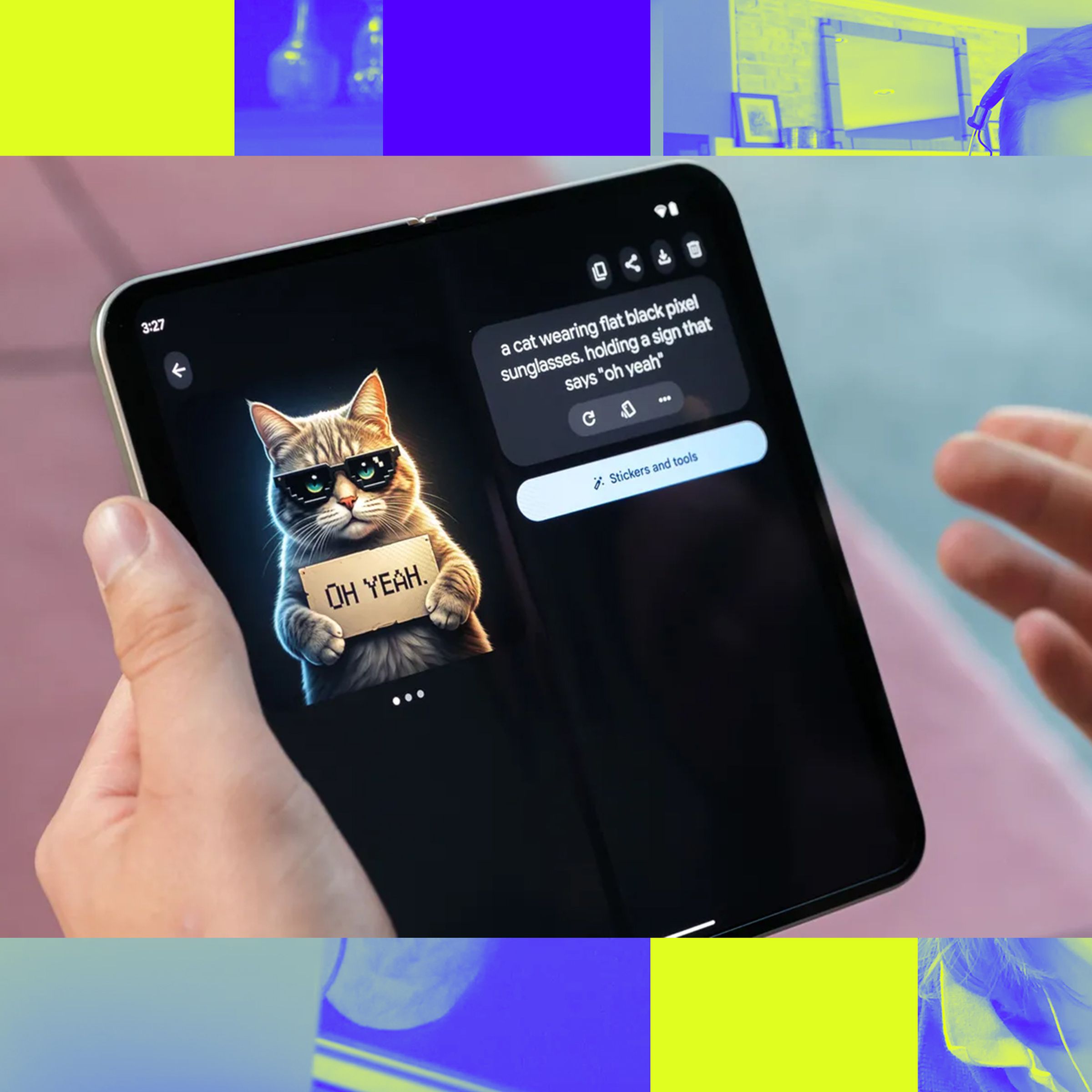 A photo of the Google Pixel 9 Pro Fold over a Vergecast illustration.