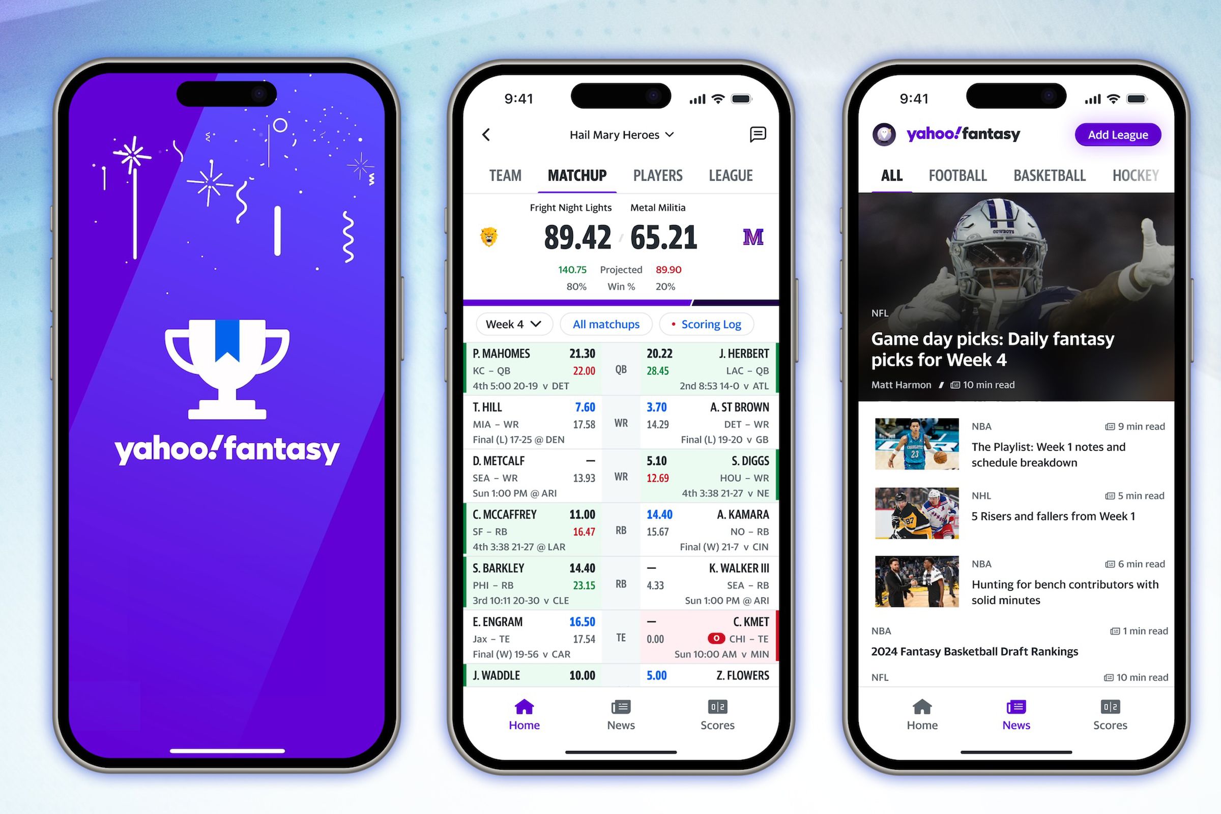 Screenshots of the redesigned Yahoo fantasy sports app.