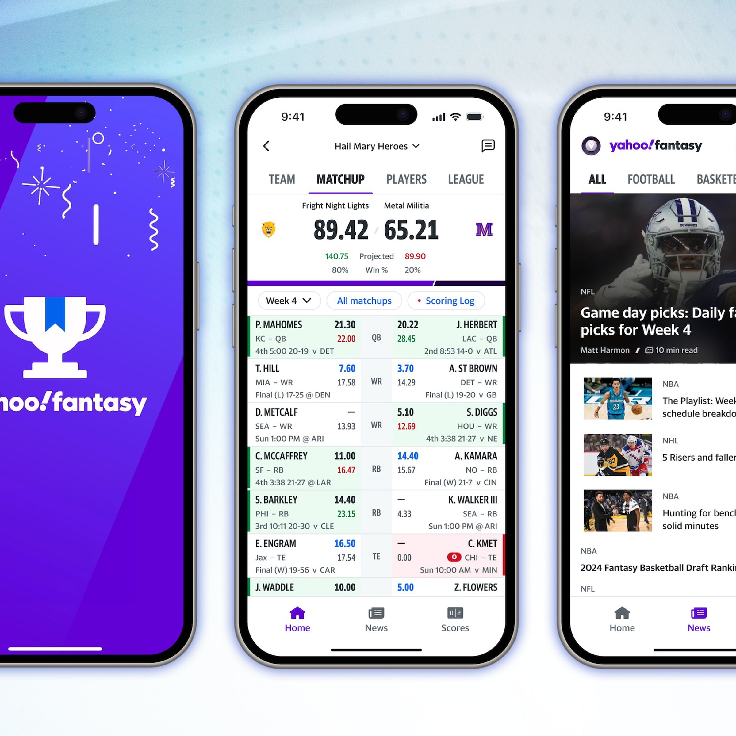 Screenshots of the redesigned Yahoo fantasy sports app.