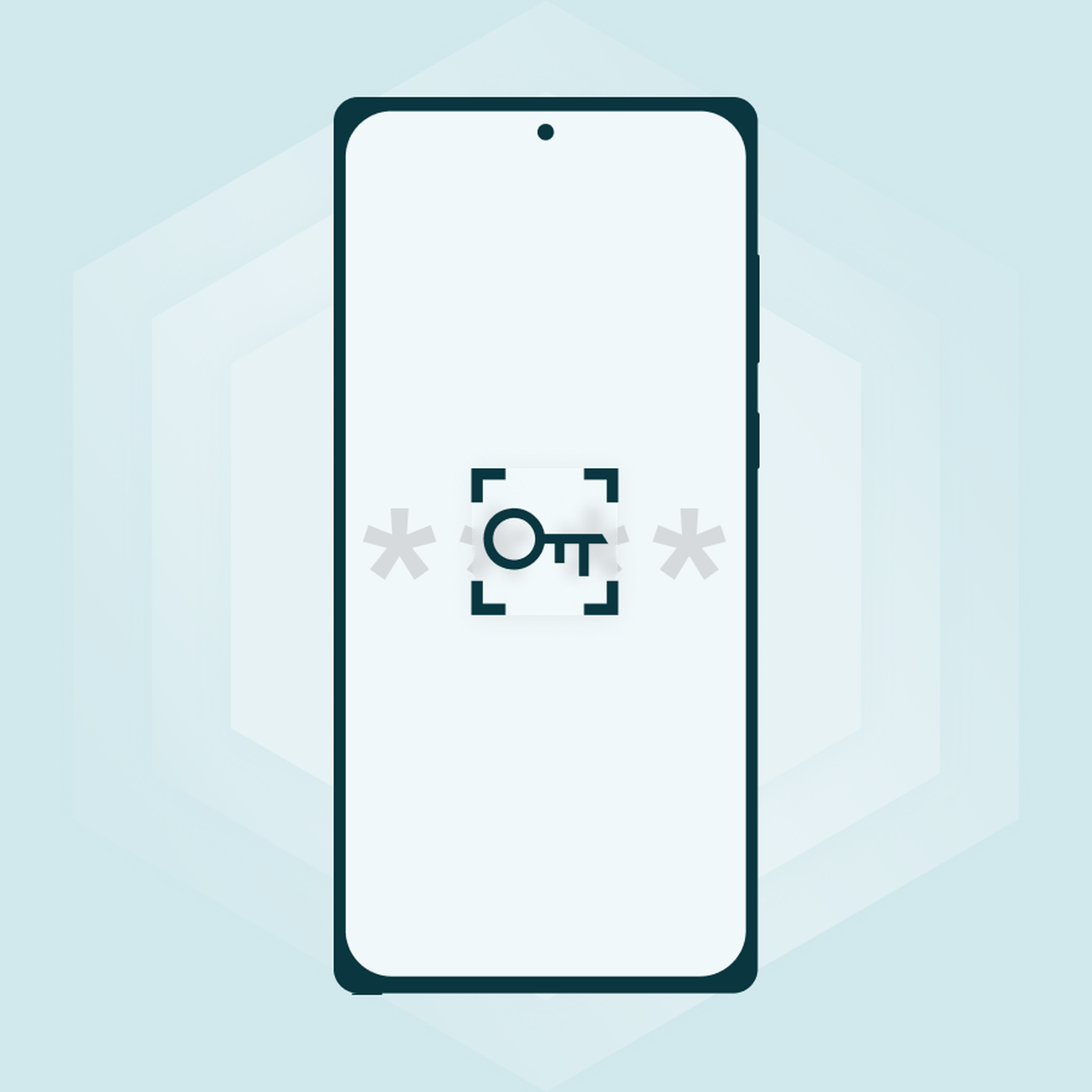 A vector silhouette of an Android phone with a hole-punched camera and a key icon in the middle.